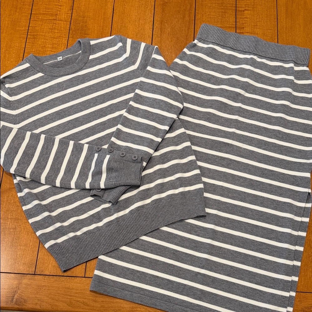 Amazon Gray and White Striped Long Sleeve Dress